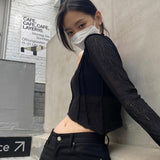 Grunge Irregular Crop Tops Sexy See Through T-shirts Korean Fashion Designer Clothes Skew Collar Mesh Tops