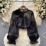 Shirt Female Design Sense Small Three-Dimensional Flower Bubble Sleeves To Reduce The Age Of Pure Color Chiffon Shirt Women's Long-Sleeved