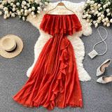 Sexy Slash Neck Chiffon Long Dress Women Red/Green/Purple Irregular Ruffle Short Sleeve High Waist Beach Vestidos Female