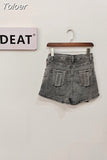 Fashion Women's Denim Shorts Patchwork Irregular High Waist Distressed Fake 2 Pcs Cotton Shorts Spring 2023 New