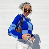 Autumn Winter Plaid Brown Knitted Sweater Women Casual Korean Fashion Pullovers Top Vintage Long Sleeve Jumpers