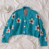 Flower Knit Cardigans Sweater Women Vintage Style Elegant Coat Loose Print Short Tops Cute V-Neck Female Sweater