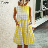 Casual Loose Plaid Print Ruffles A-line Dresses For Women 2021 O Neck Sleeveless Vintage Dress Ladies Fashion