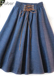 Autumn Winter Fashion Women Skirt Solid Color Lace-up High Waist Denim Skirt Retro Pleated Midi Denim Flared