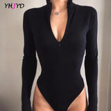 sleeve Bodysuit Female 2021 Spring Bodycon Women's V-neck Zip Up Stretch Bodysuits Sexy Female