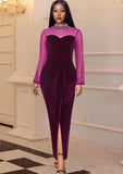 Formal Velvet Purple Mesh Patch Beaded Long Evening