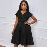 V-Neck Solid Color Waist Bow Tie With Large Swing Dress Dress Dress Dress Dress