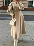 Women V-neck Bubble Sleeve Woolen Coat Casual Mid-length Tweed Jacket Coat 2022 Autumn Female Elegant Thicken Streetwear