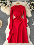 Autumn Women Split Knitted Dress Temperamant Long Sleeve O Neck Slim 2022 Fashion Party Solid Elastic Warm Long