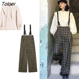 Women Sets Plaid Mopping Jumpsuits Long Sleeve Stand Collar White Shirts Retro Females 2 Pecs Vintage Streetwear Spring