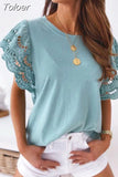 Stitching Short Sleeve T-shirts Summer O-Neck Solid Color White Hollow Out Casual T shirt Women New Splicing Tops