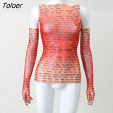 Mesh Letter Printted T-shirt Women O-Neck See Through Sexy Tank Tops With Golve High Street Basic Slim Y2K Top Tee