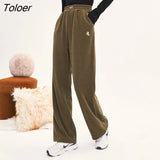 Women Thick Pants 2022 Winter Elastic Waist Straight Loose Trousers Embroidery Windproof Warm Chic Casual Long