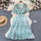 Print Dress Women Summer Sexy Beach Boho Midi Dresses Short Sleeve 2022 Ladies Vintage Elegant Party Dress Vacation