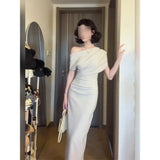 Waist Temperament Bag Folding Dress Dress Women's Summer Neckline Shoulder-To-Shoulder Temperament