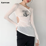 Sexy Irregular Designer Clothes Women See Through Long Sleeve Tee Shirt Female Hollow Out Slim T-shirt Tight