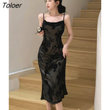 Women Evening Dress Retro Camisole Black Floral Slim Fishtail Midi Party Club Gown Robe Femme Sexy Mujer Vestidos