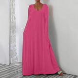 New Long Dress Casual Loose Short Sleeve Pure Color V Collar Body Size