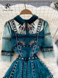 High Quality Embroidery Dress Summer 2022 Lapel Korean Style Vacation Long Dress Ladie Sweet Elegant Mesh Maxi