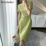 2022 Summer Short Sleeve Bodycon Green Dress Women Elegant Sexy Fold Slim Waist Mermaid Midi Dress 100% Cotton