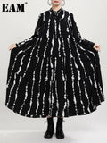 Women Big Size Striped Printed Long Dress New Stand Collar Long Sleeve Loose Fit Fashion Spring Autumn 2023