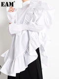Women Ruffles Irregular Blouse New Stand Collar Long Sleeve Loose Fit Shirt Fashion Tide Spring Autumn 2023