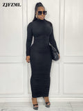 Brown Blue Solid Simple Pleated Maxi Dress Women Turtleneck Full Sleeve Bodycon Dresses Casual Body-shaping Party