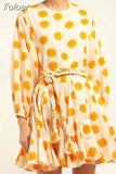 Casual Print Dress For Women O Neck Long Lantern Sleeve Bandage Bow High Waist A Line Dress Female Fashion New 2023