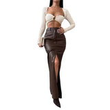 Toloer Women's Wear 2024 Leather Design Sense Open Fork Solid Color High Waist Simple Leather Slim Body Skirt-Outfit