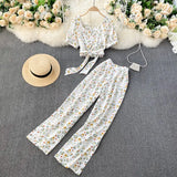 Women Autumn Bohemian Floral Set V Neck Puff Sleeve Short Top+Sexy Split High Waist Wide Leg Long Pants Two Pieces