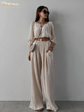 Sexy Beige Crop Shirts Womens Two Peice Sets Casual Loose Pleated Pants Set Female Summer High Waist Wide Trouser