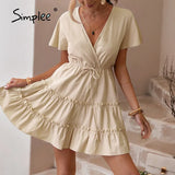 Party Summer V-neck light pink dress Casual solid high-waist lace-up ruffled women dress Elegant office ladies short dress
