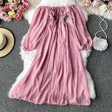 Autumn Women Slash Neck Long Sleeve Midi Dress Female Yellow/Red/Pink High Waist Ruffle Big Swing Chiffon Robe Fashion 2022
