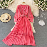 Red/Yellow/Black Embroidered Pleated Long Dress Vintage V-Neck Lantern Sleeve High Waist Draped Maxi Vestidos Female 2022