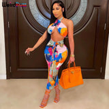 Puss 2 Piece Set Women Summer Colorful Print Halter Top+Stacked High Waist Bandage Skirts Matching Skinny Stretchy