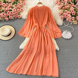Autumn Purple/Orange/Red Draped Long Dress Boho Round Neck Flying Sleeve High Waist Elegant Vacation Beach Robe Bohemian