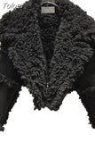 Fashion Long Sleeve Big Turn Down Collar Faux Fur Leather Black PU Jacket Women Casual Short Coat Winter