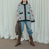 Korean Style Oversize Jacket Contrast Color Plaid Long Sleeve Knitted Sweater Cardigan Women Autumn Winter 2021 Outerwear