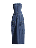 Toloer 2024 New Street Hipster One-Word Shoulder Retro Design Sense Strapless Dress Female Slit Long Skirt-Outfit