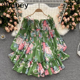 Women Off Shoulder Strap Dress Slash Neck Puff Sleeve Wide Leg Jumpsuits Summer Bohemian Print Vacation Short