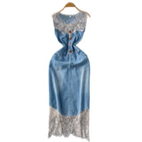 Lace Splicing V-Neckless Denim Dress Women's Summer Senior Feeling Lanky