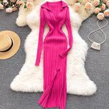 Women Korean Knitted Dress Long Sleeve V Neck Elastic Slim Pencil Dresses 2021 Autumn Sexy Bodycon Split Sweater