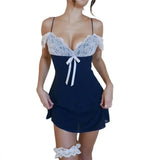 Fairy y2k Dress 2000s Women Lace Patchwork V Neck Backless Mesh Short Dress Vintage Aesthetic Clubwear Party