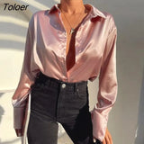 Green Silk Blouse Women Autumn 2023 New Button Down Long Sleeve Satin Blouses Women Casual Solid Loose Shirts Tops