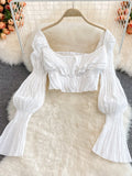 Two Piece Set Women 2023 Summer New High Street Fashion Sexy French Outfits Navel Blouses + Solid Wild Ruffles