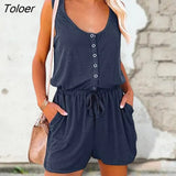 Women Romper Solid Color Lace-up Ladies Off Shoulder Waist Tight Loose-fitting Sleeveless Short Pants Romper