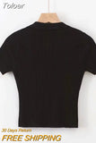 Women Polo Shirts Short Sleeve Knit T-shirt Plain Women Ribbed V-neck Crop Top Solid Slim Cropped Tees 2023