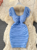 Blue/Khaki/White Sexy Draped Bodycon Dress Women Elegant Square Collar Short Sleeve High Waist Mini Vestidos Party Robe 2021