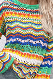 2023 New Fashion Vintage Urban Casual Hollow Out Rainbow Stripes O-Neck Long Sleeve Loose Pullover Sweater For