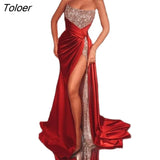 Gown Robe Dresses Summer New Women's Sequin Split Dress Long Slim Strapless Vestidos Red Evening Party Club Wear